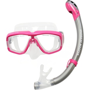 image:imageSnorkeling Mask amp SemiDry Snorkel Combo  Panoramic AntiFog Tempered Glass Mask with Splash Guard Comfortable Fit for Adults PinkSilver